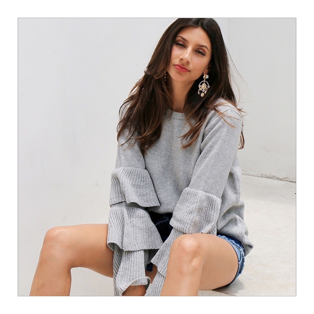 Gray Tiered Ruffled Bell Sleeve Sweater - Picture 2 of 3